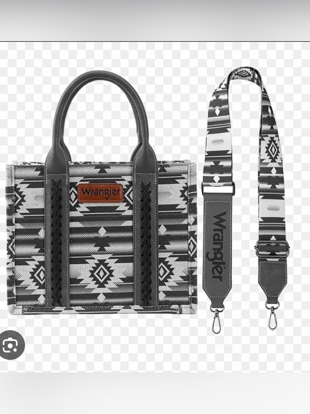 Wrangler Black and White Geometric Messenger Tote with Detachable Strap